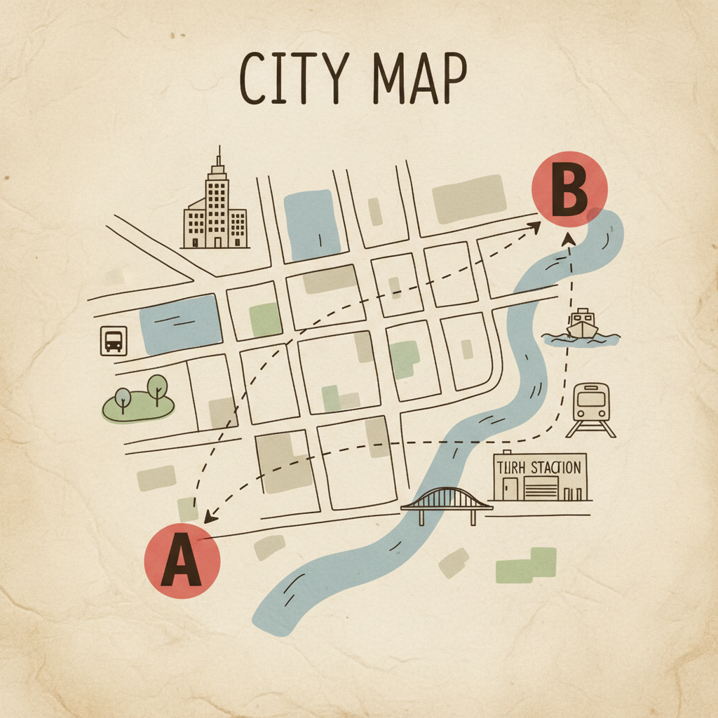 mapa sencillo de una ciudad con puntos A y B