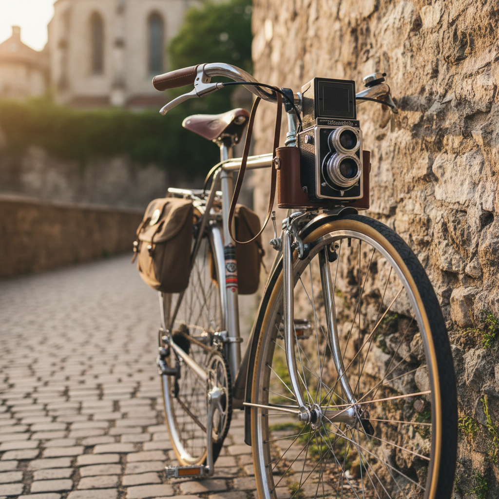 bicicleta junto a una cámara