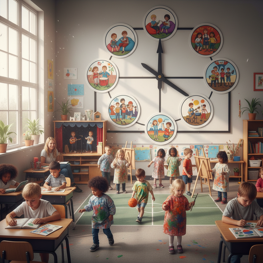 niños en la escuela junto a un reloj mostrando distintas actividades