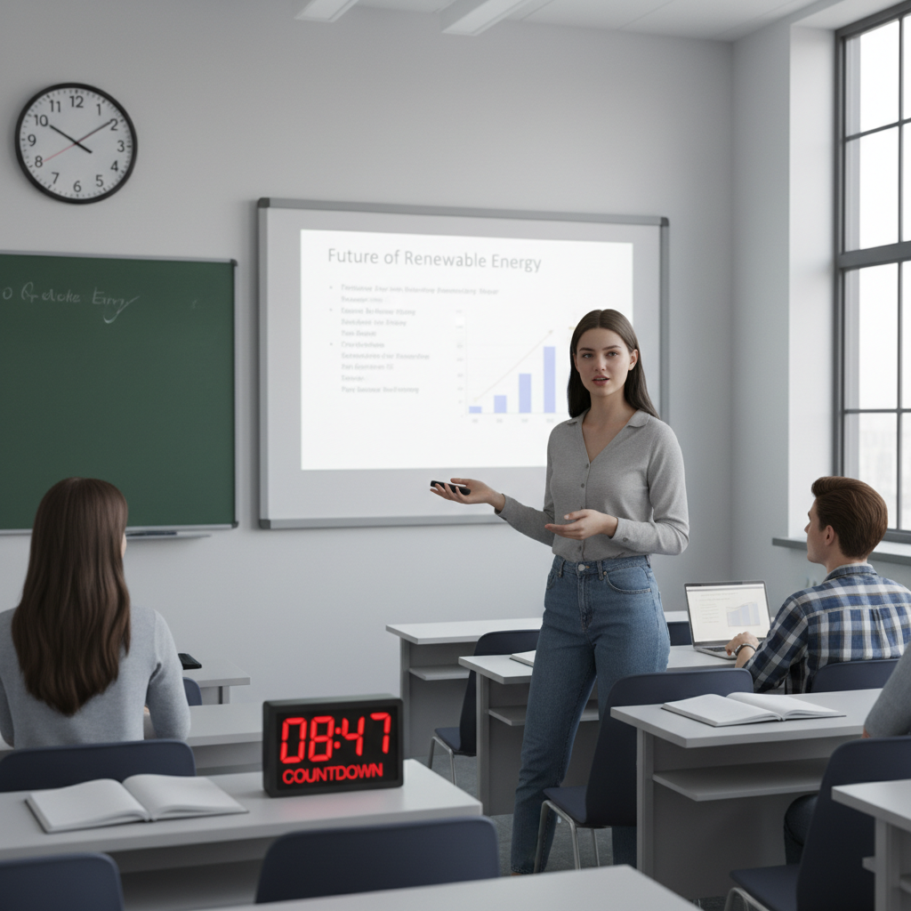 estudiante realizando presentación oral con cronómetro