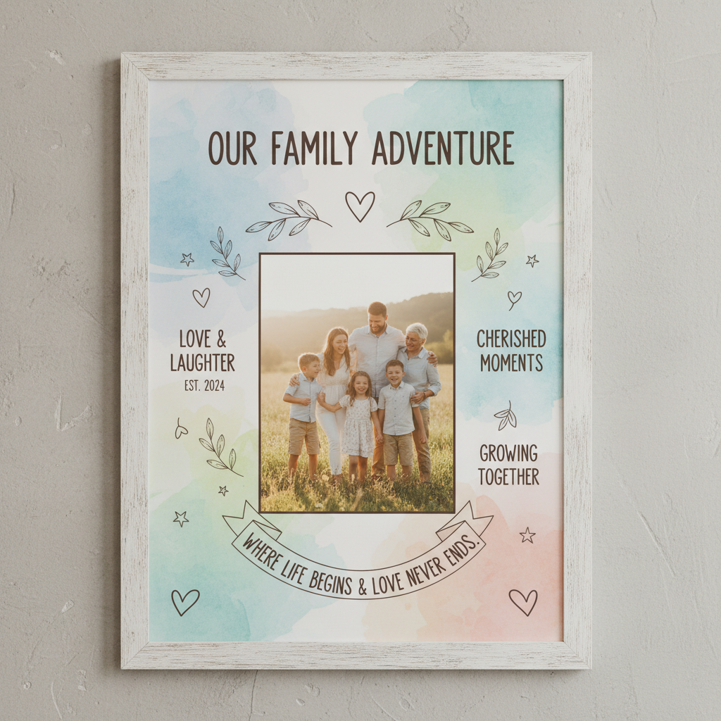 póster familiar con foto central y captions alrededor