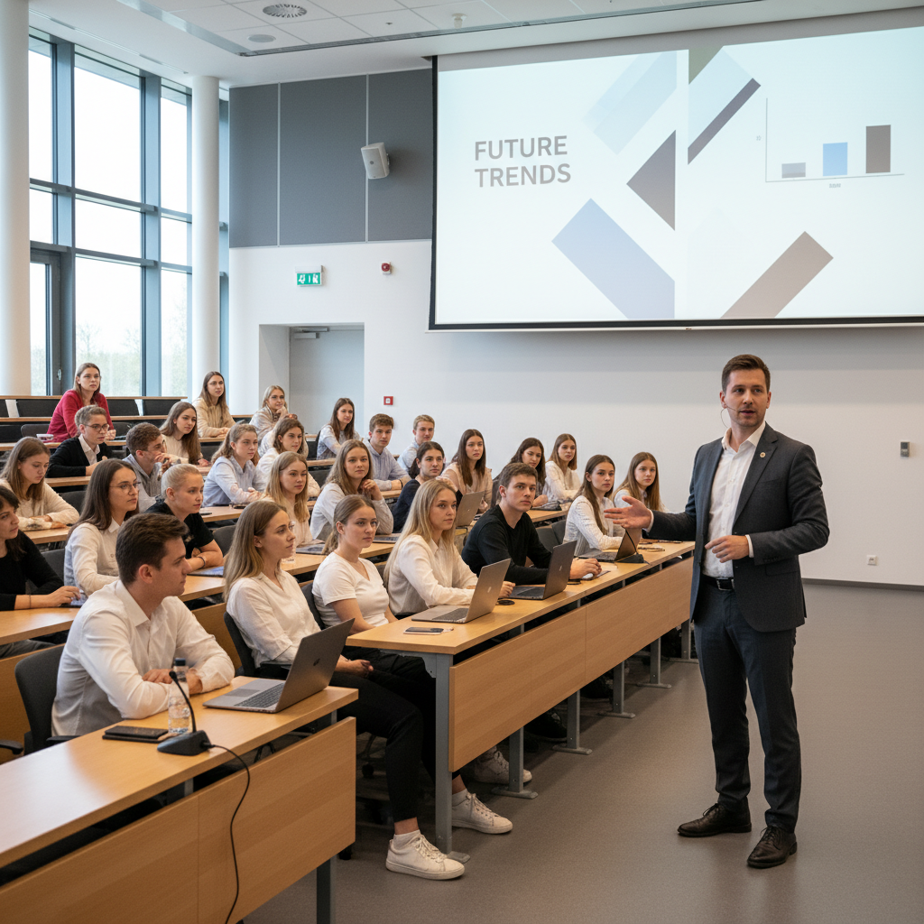 persona presentando frente a un aula con diapositivas minimalistas