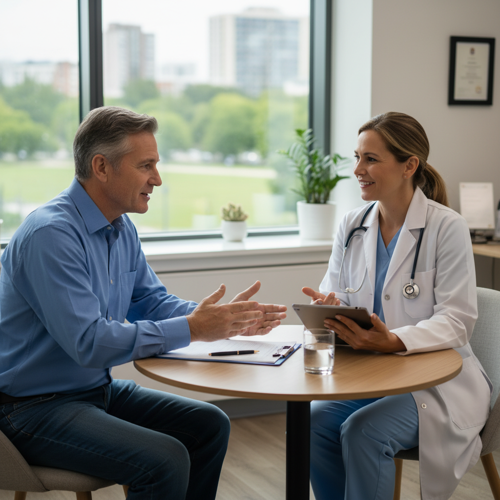 escena de clínica con paciente y médico conversando