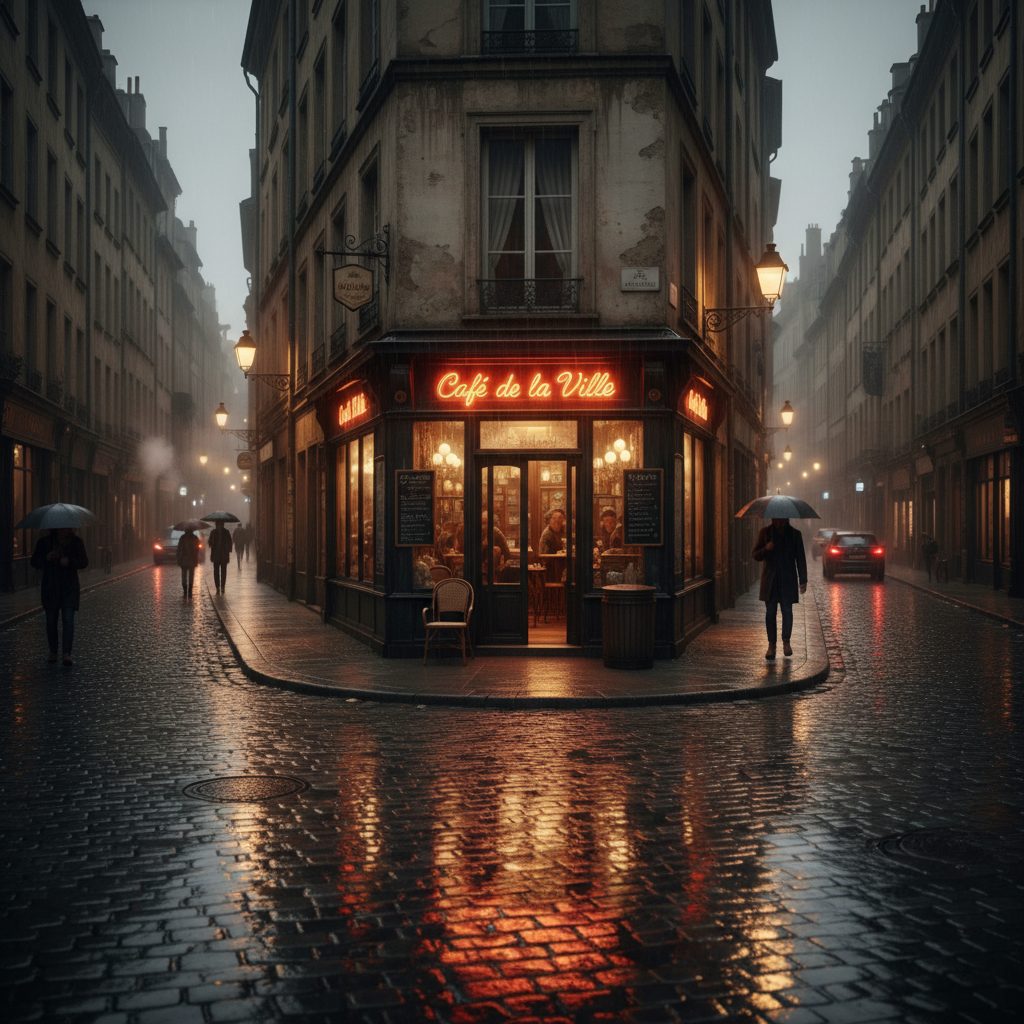 calle lluviosa con una pequeña cafetería iluminada
