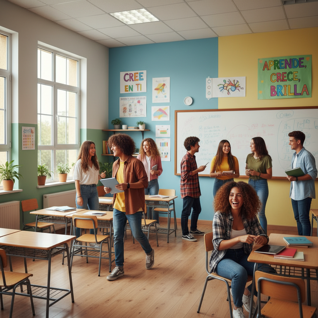 estudiantes circulando en un aula alegre