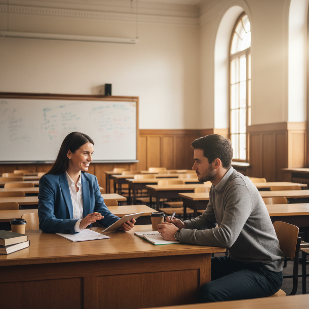 dos personas en entrevista en un aula