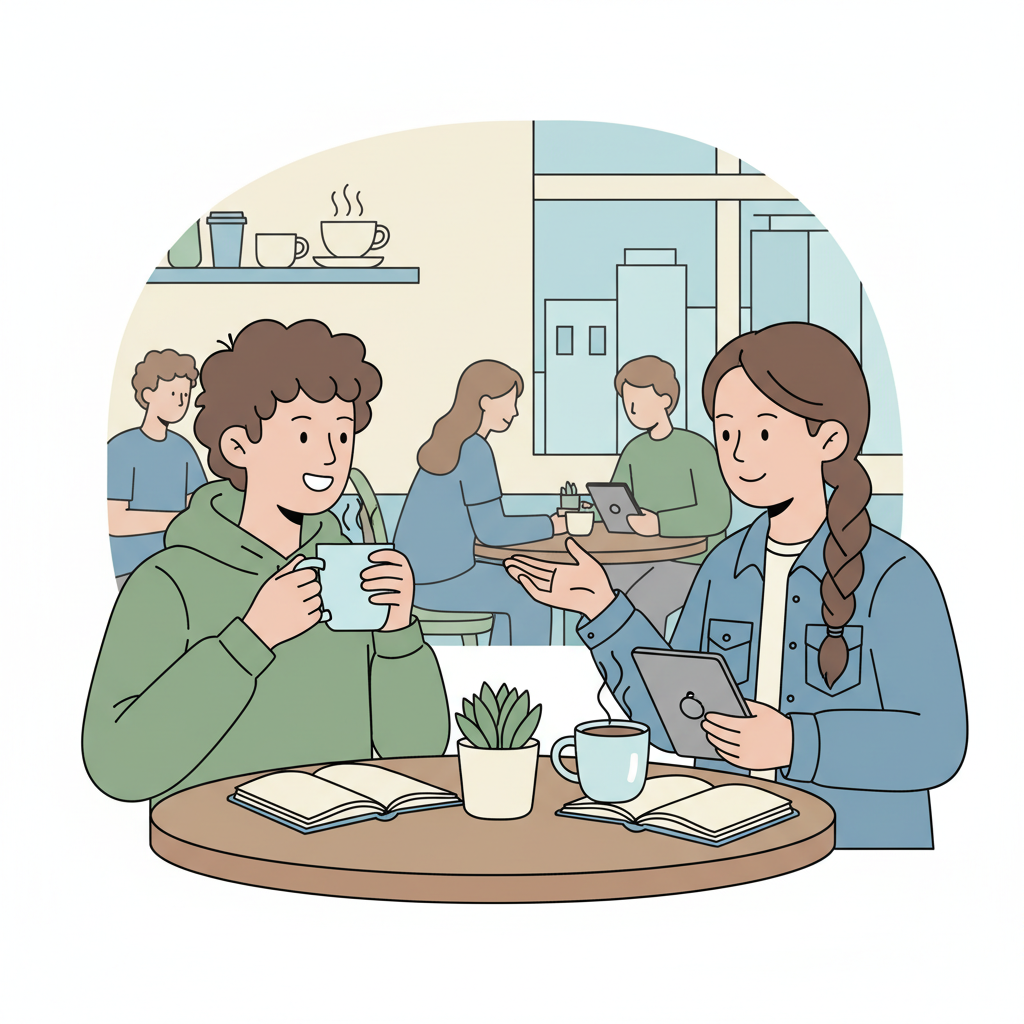 dos estudiantes conversando en una cafetería, estilo ilustración sencilla
