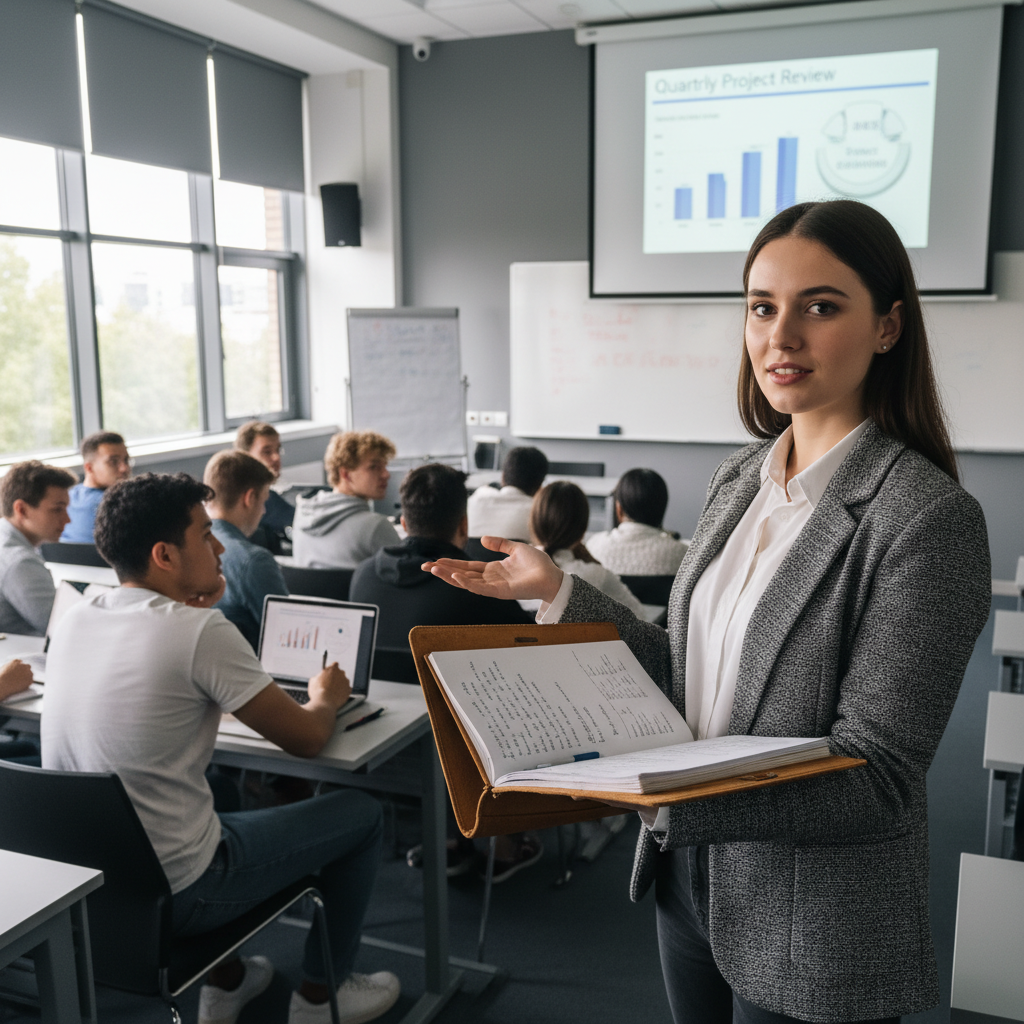 estudiante presentando frente a la clase con apuntes del portafolio