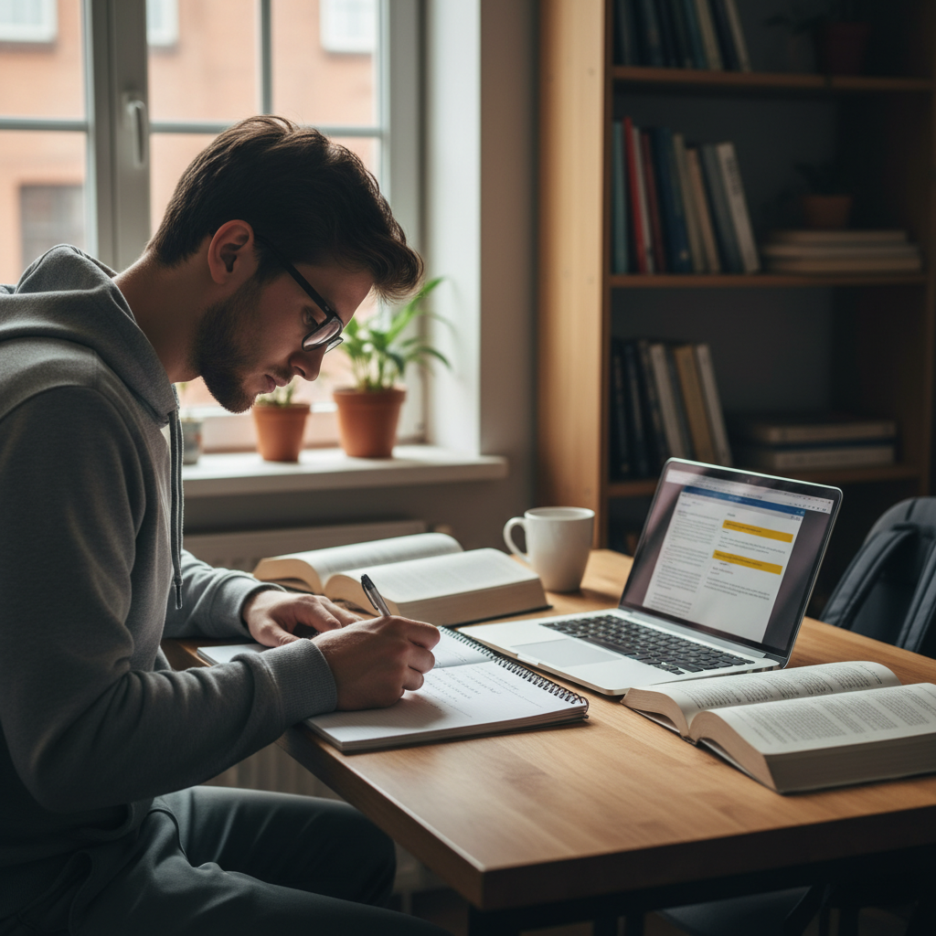 estudiante escribiendo un resumen breve