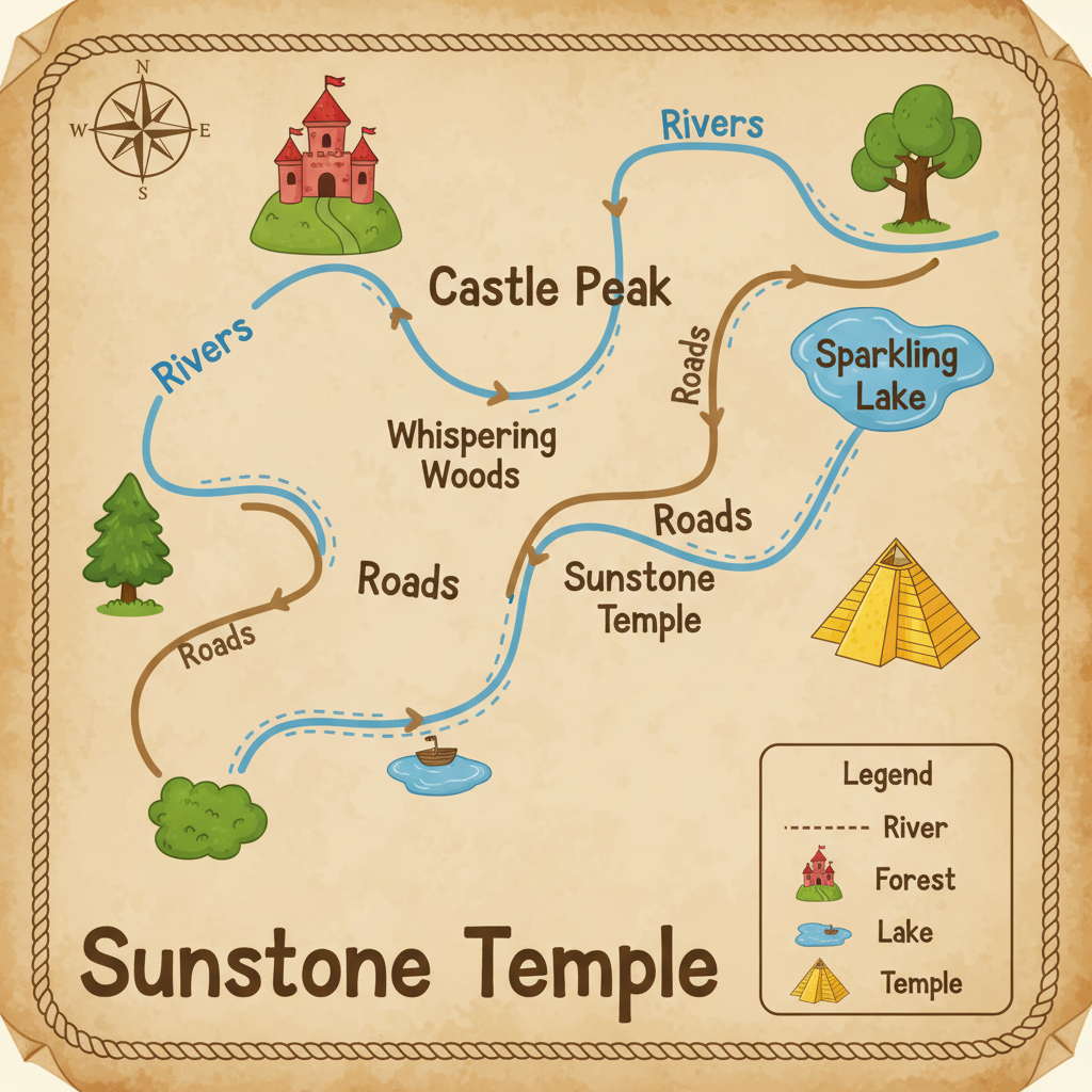 mapa educativo simple con caminos, hitos y leyenda