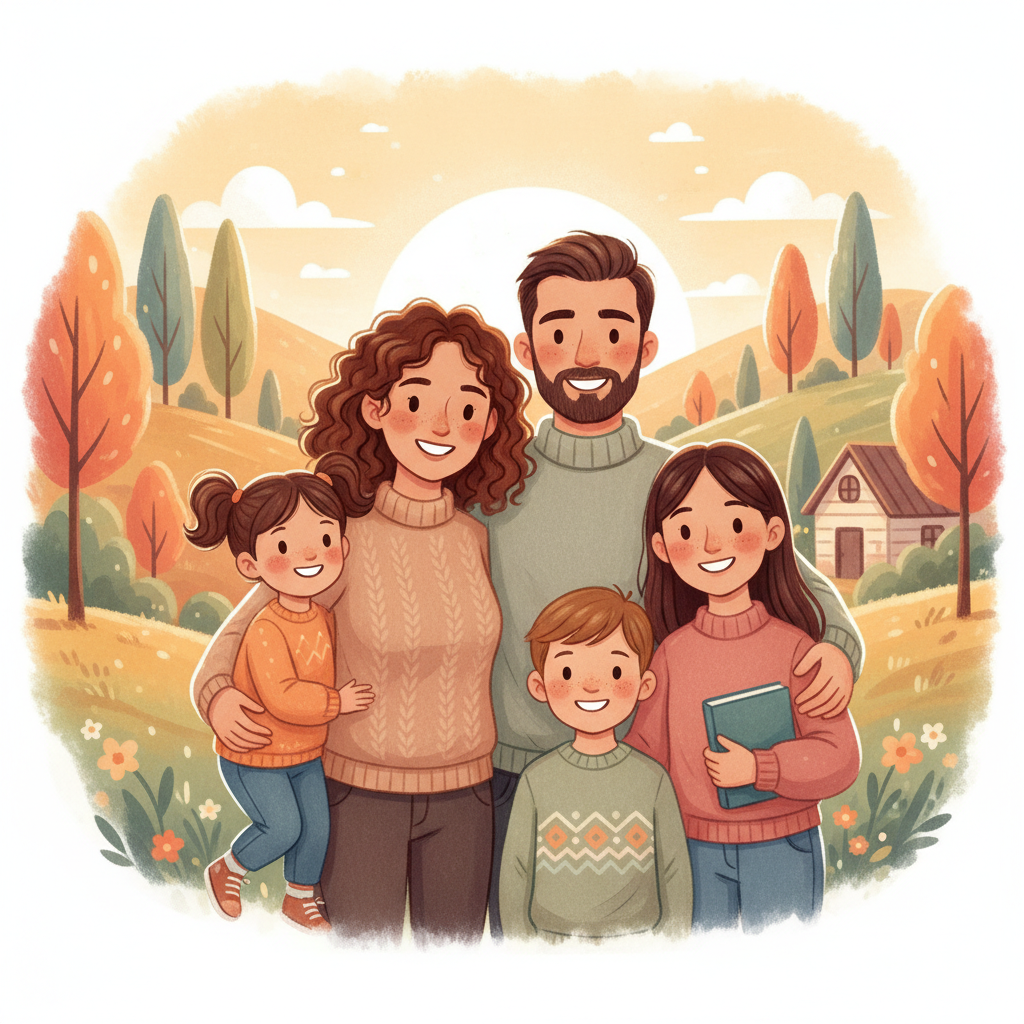 retrato familiar estilo ilustración cálida