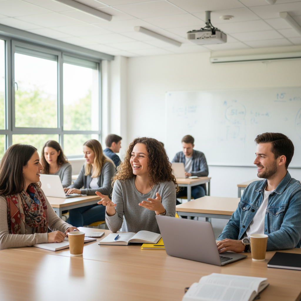 estudiantes conversando en un aula