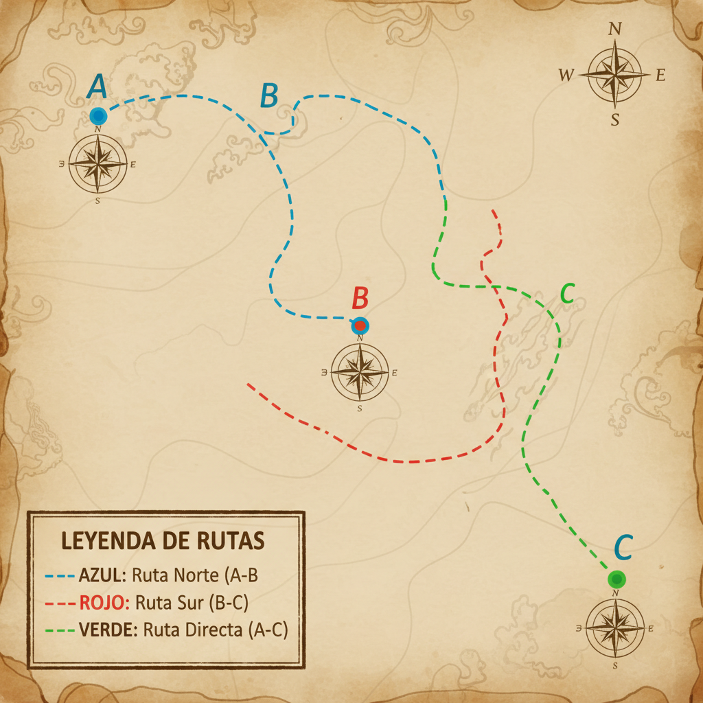 mapa esquemático con puntos A B C, rutas y leyenda