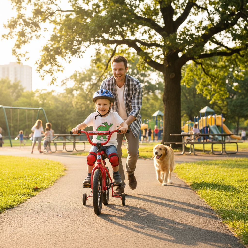 niño aprendiendo a andar en bicicleta roja en un parque