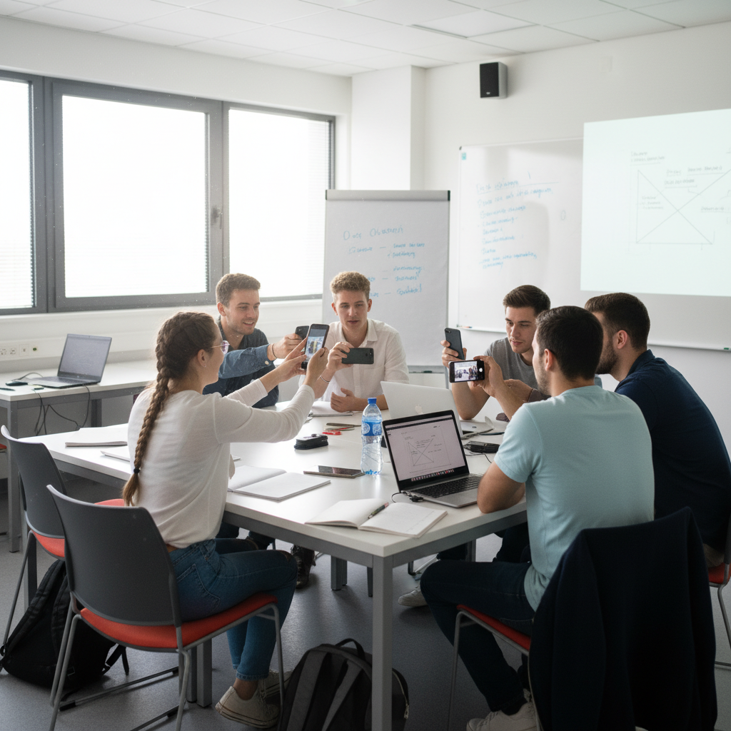 estudiantes grabando audio con móvil en un aula