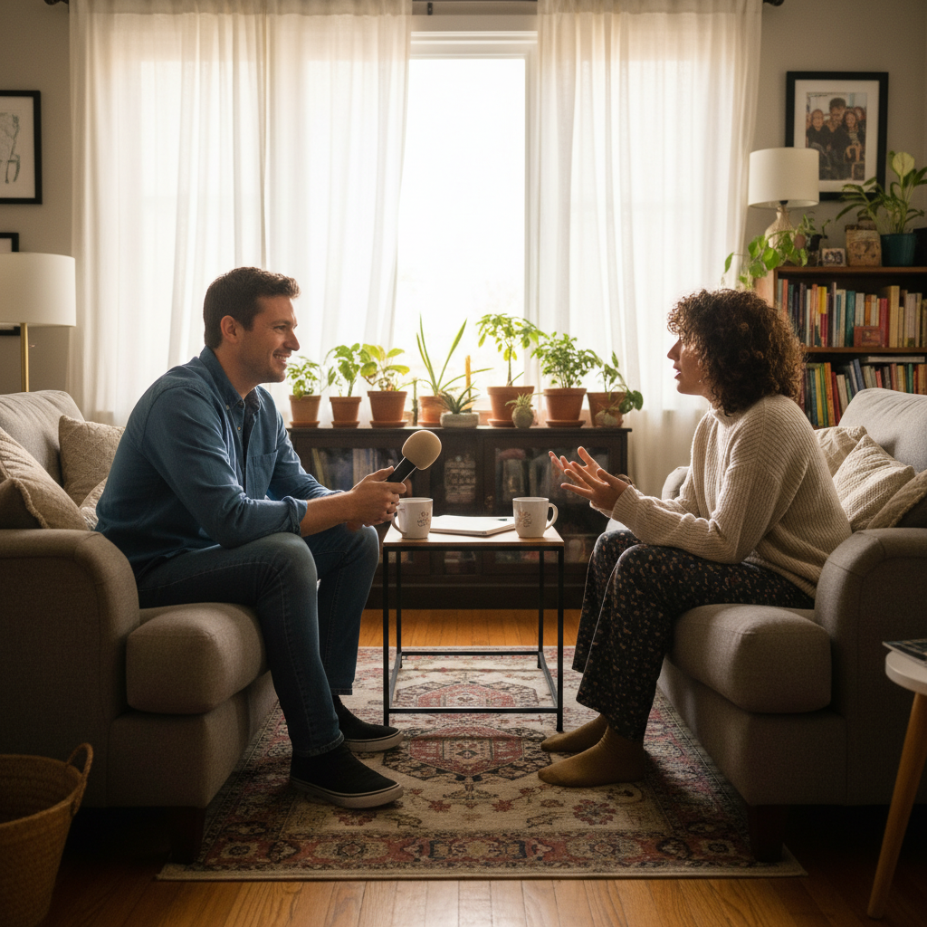 pareja realizando una entrevista informal en sala de estar