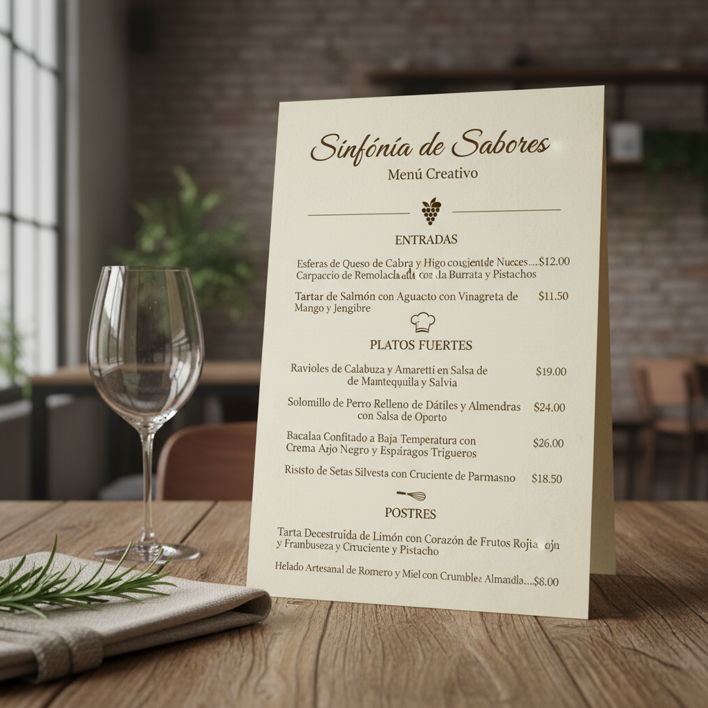 menú creativo con platos y precios