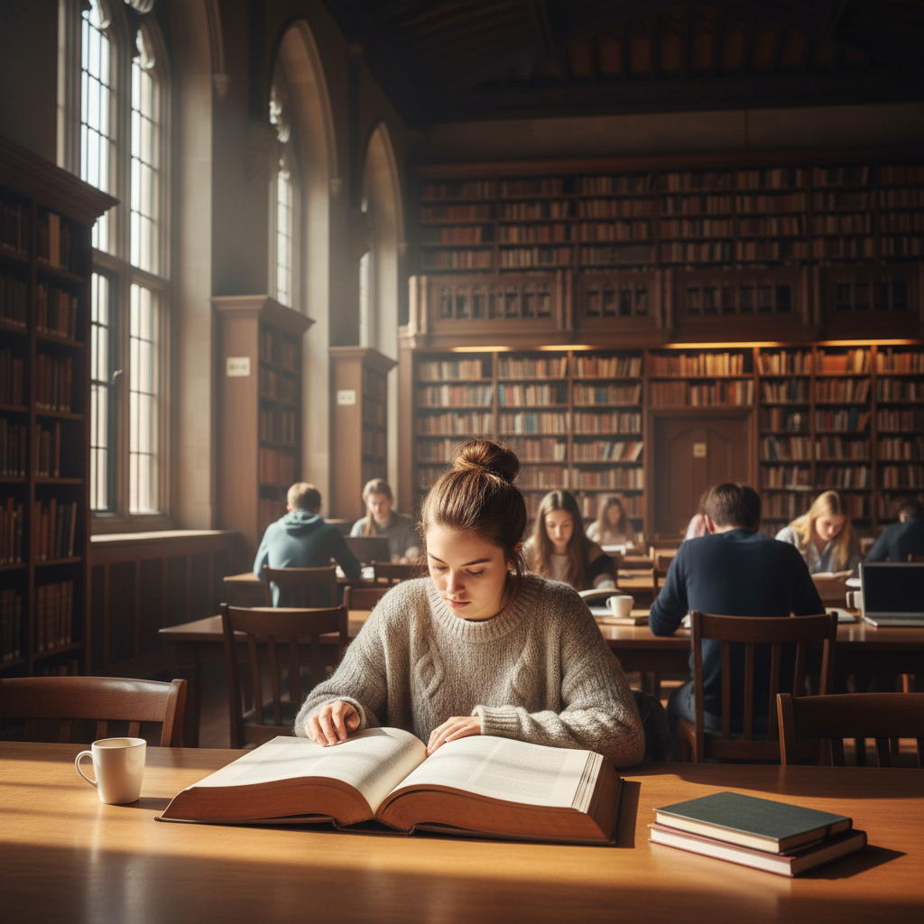 estudiante leyendo en una biblioteca